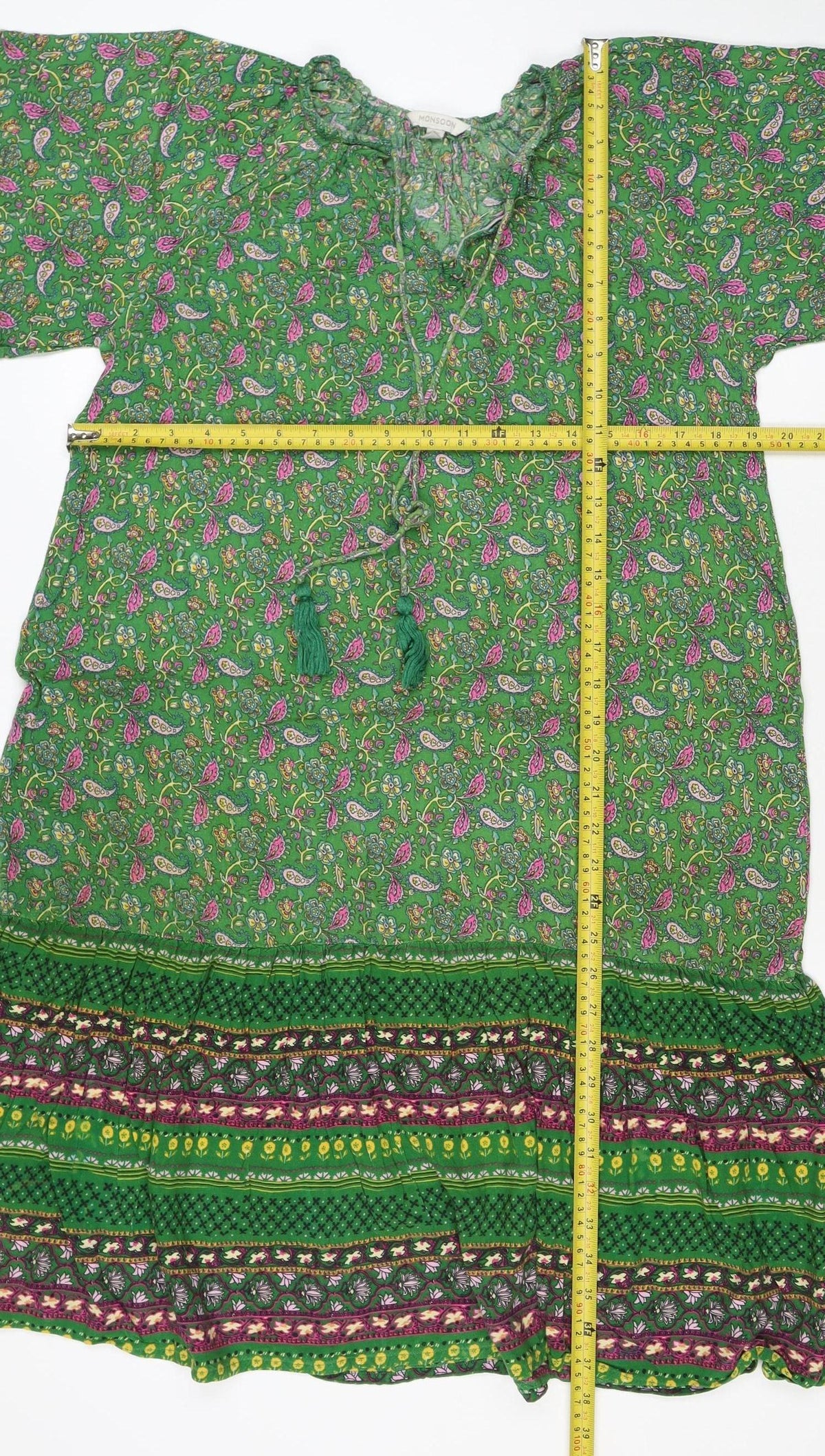Monsoon Women Green Paisley Midi A-Line Dress Size S Tassel Tie