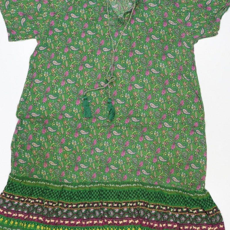Monsoon Women Green Paisley Midi A-Line Dress Size S Tassel Tie