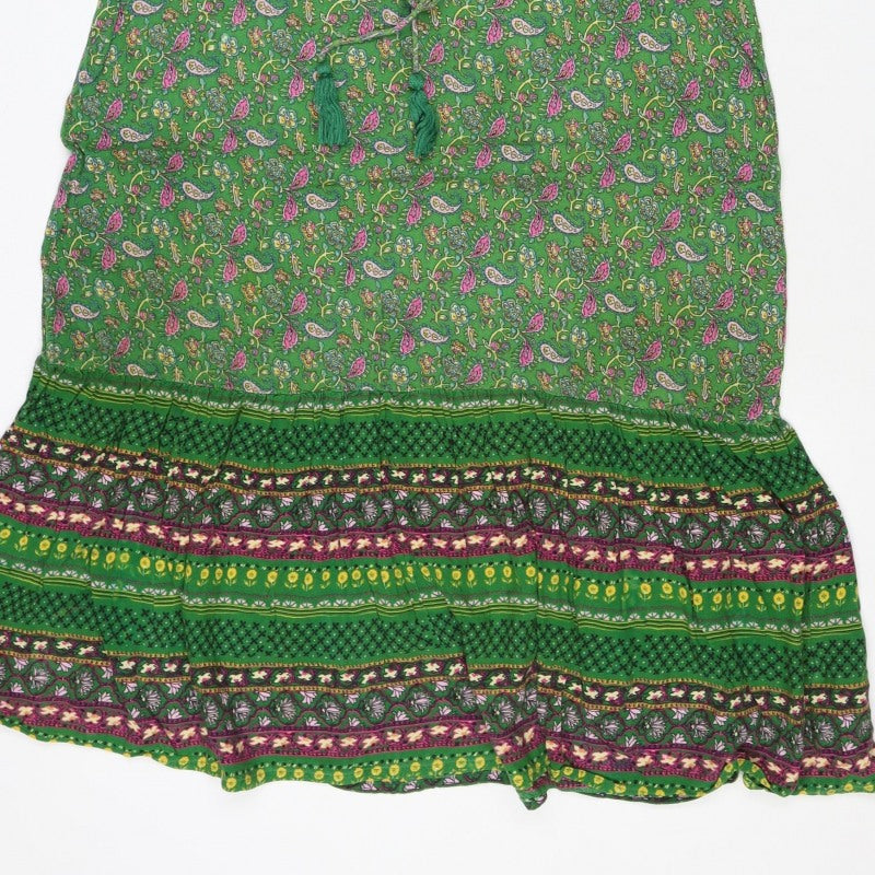 Monsoon Women Green Paisley Midi A-Line Dress Size S Tassel Tie