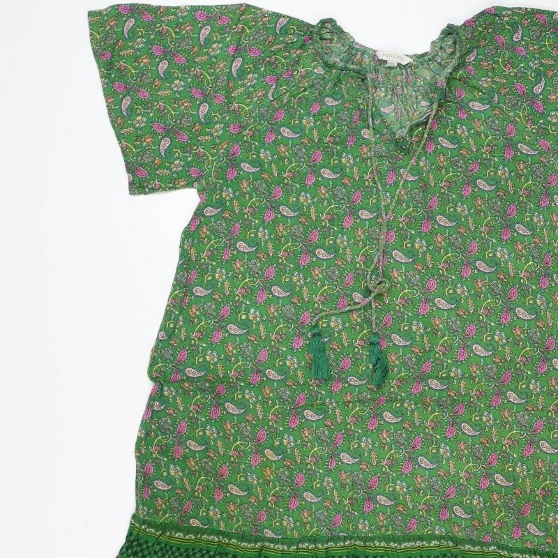Monsoon Women Green Paisley Midi A-Line Dress Size S Tassel Tie