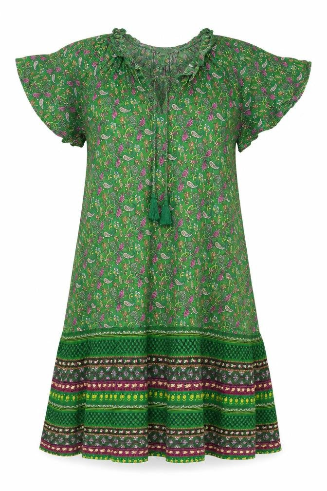 Monsoon Women Green Paisley Midi A-Line Dress Size S Tassel Tie