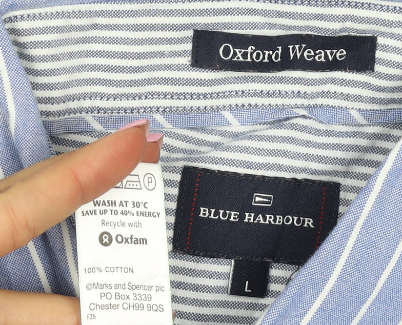 M&S Blue Harbour Men Blue Striped L Oxford Weave Button-Up Shirt