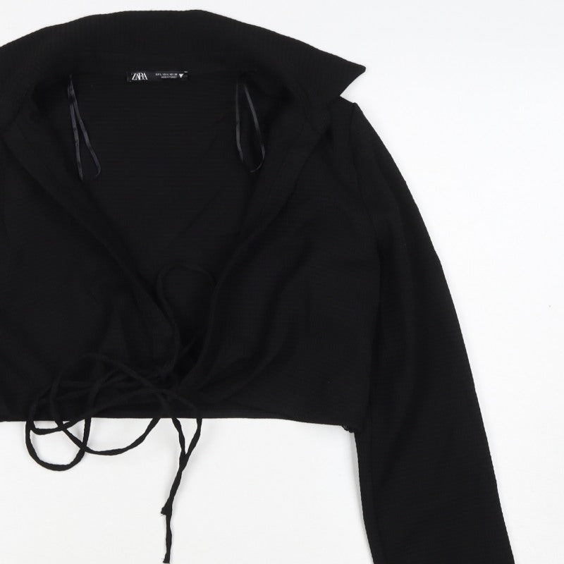 Zara Women Black L Cropped Wrap Tie Long Sleeve Collared Blouse