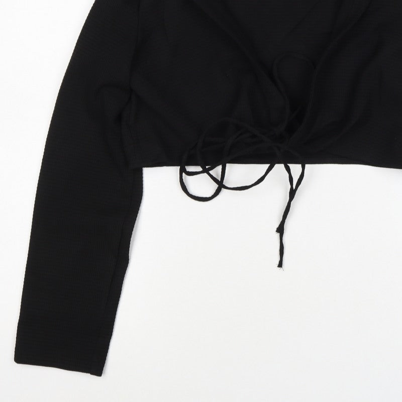Zara Women Black L Cropped Wrap Tie Long Sleeve Collared Blouse