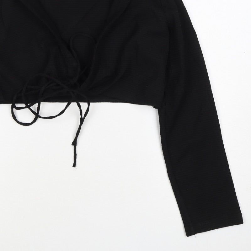 Zara Women Black L Cropped Wrap Tie Long Sleeve Collared Blouse