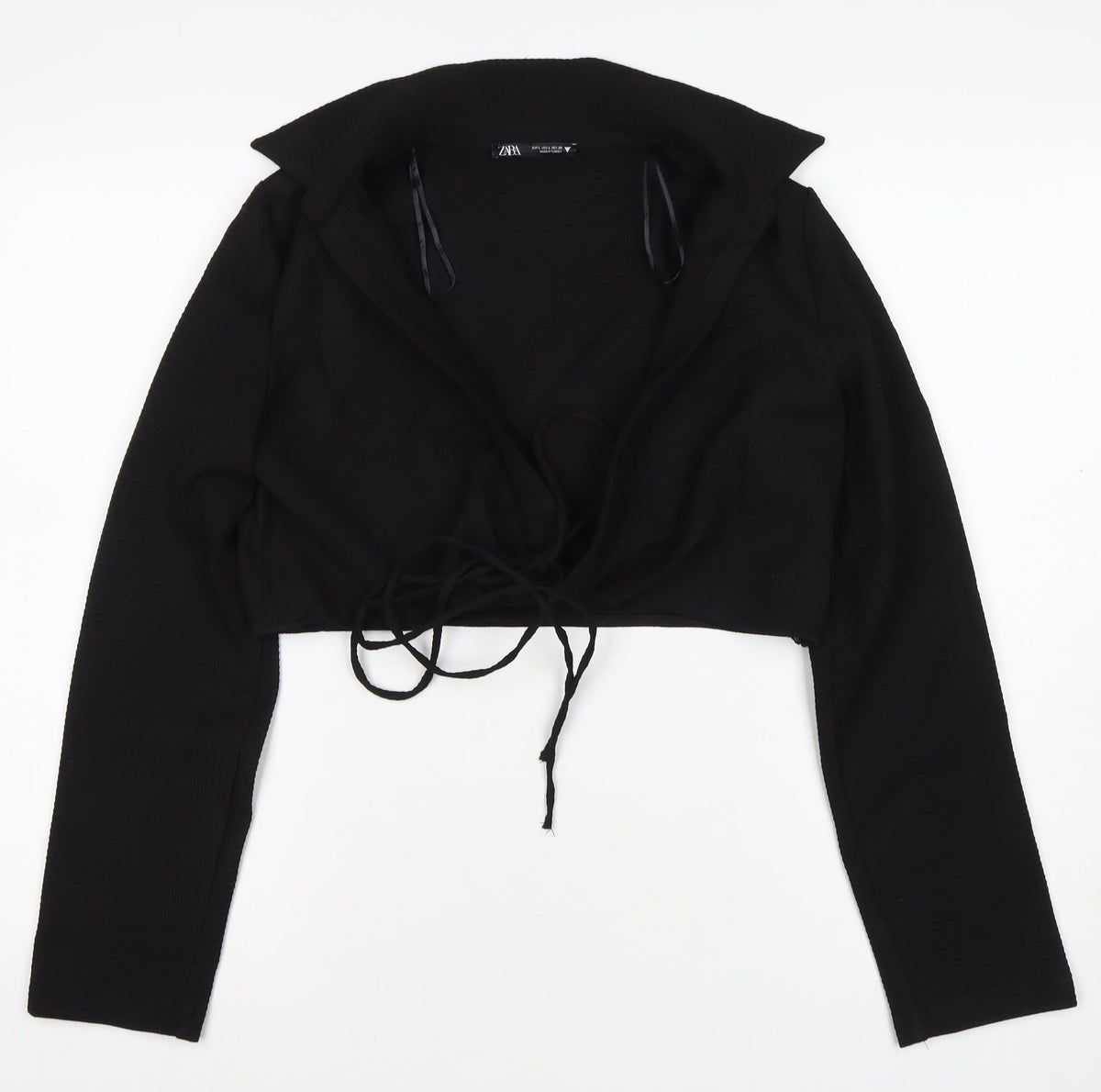 Zara Women Black L Cropped Wrap Tie Long Sleeve Collared Blouse
