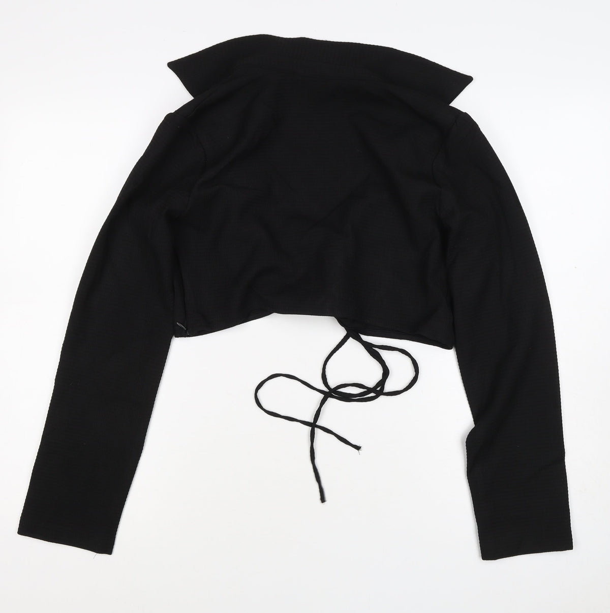Zara Women Black L Cropped Wrap Tie Long Sleeve Collared Blouse
