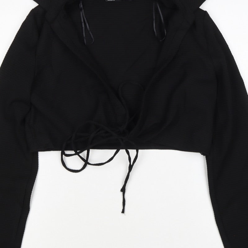 Zara Women Black L Cropped Wrap Tie Long Sleeve Collared Blouse