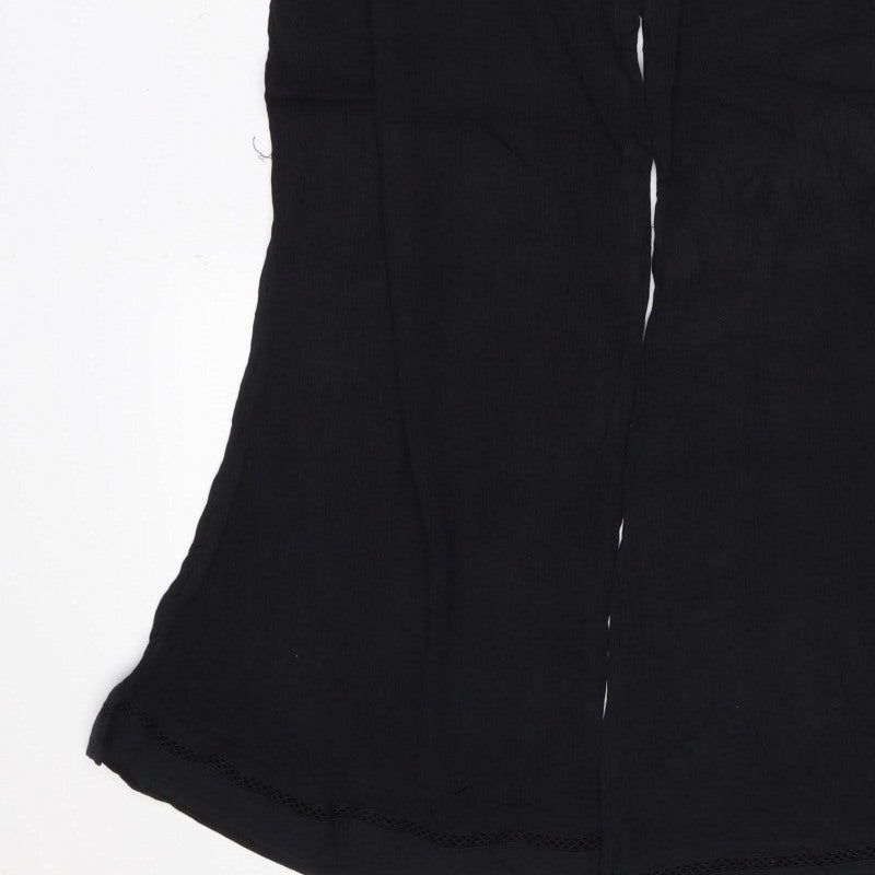 M&S Women Black UK 12 Wide-Leg Viscose Drawstring Trousers