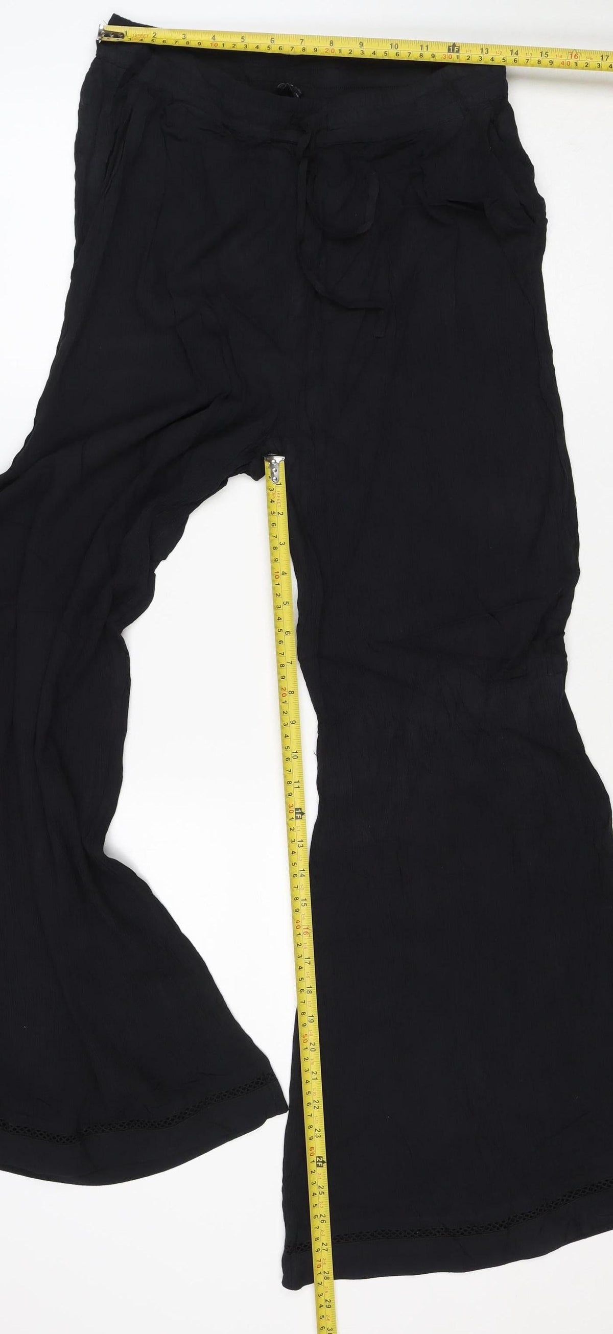 M&S Women Black UK 12 Wide-Leg Viscose Drawstring Trousers