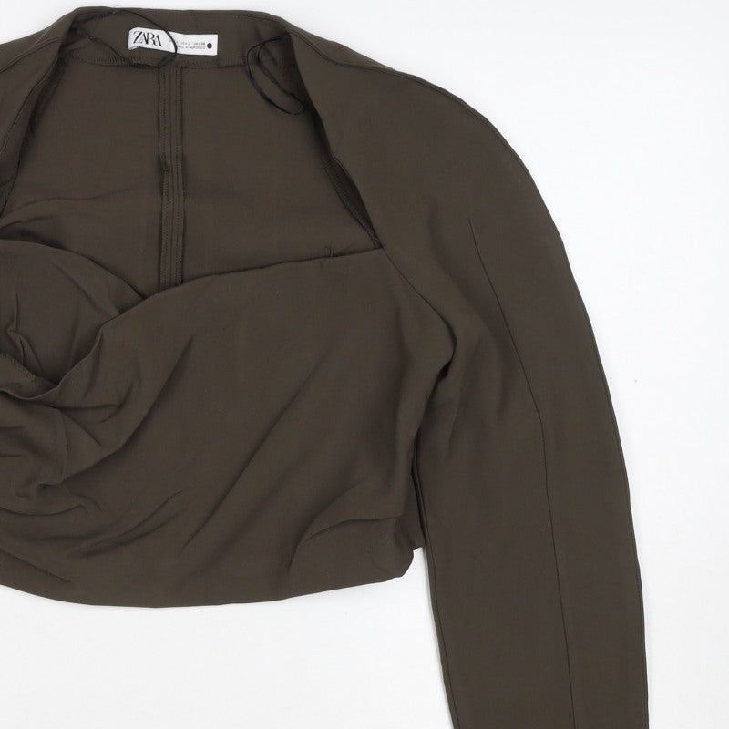 Zara Women Brown UK 12 Wrap V-Neck Long Sleeve Blouse