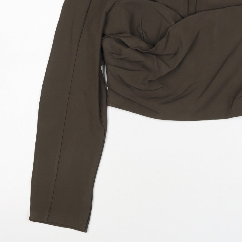 Zara Women Brown UK 12 Wrap V-Neck Long Sleeve Blouse