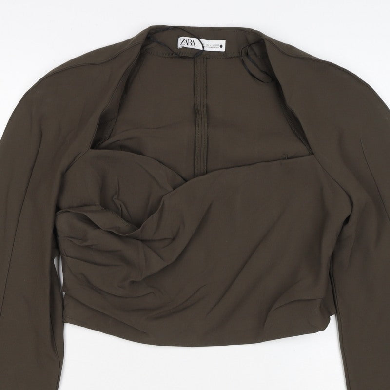 Zara Women Brown UK 12 Wrap V-Neck Long Sleeve Blouse
