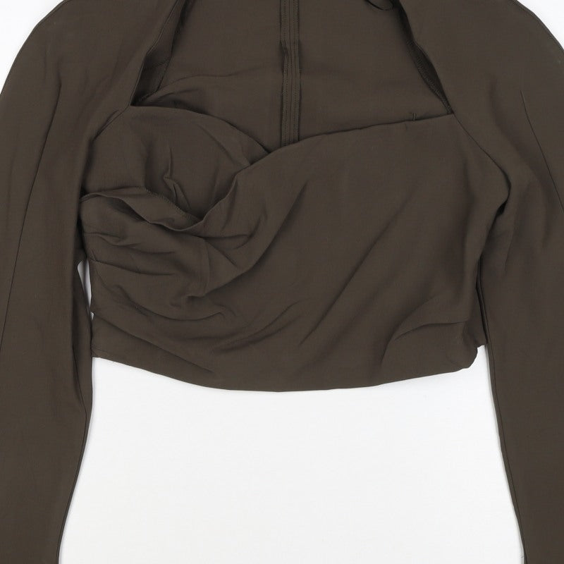 Zara Women Brown UK 12 Wrap V-Neck Long Sleeve Blouse