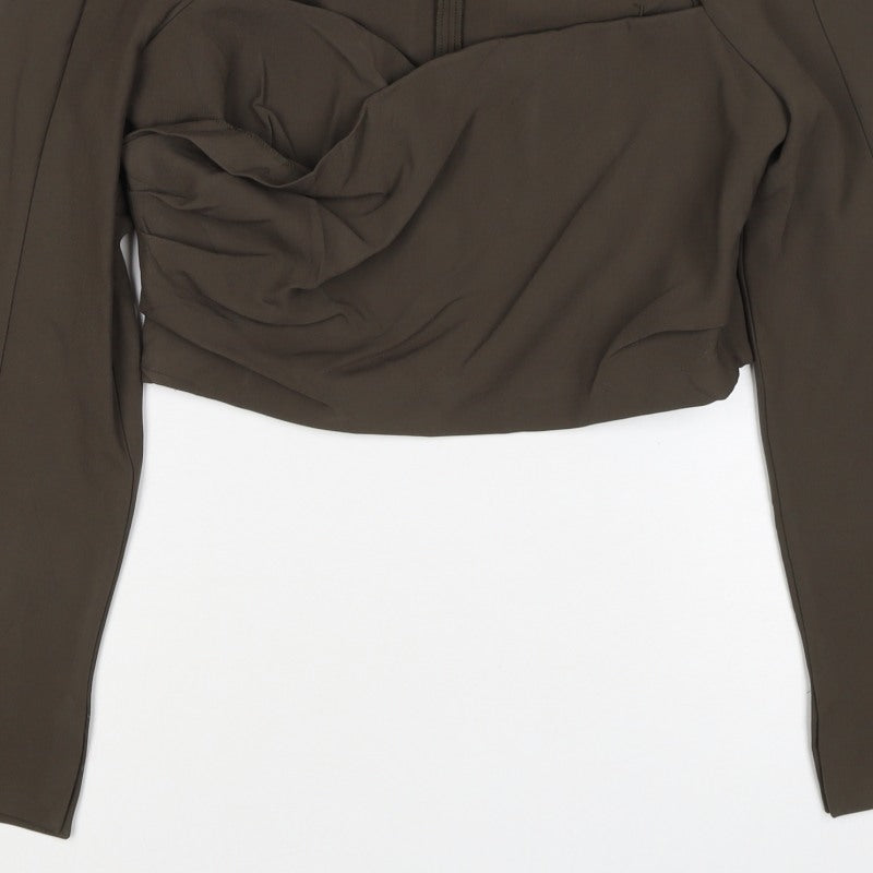 Zara Women Brown UK 12 Wrap V-Neck Long Sleeve Blouse