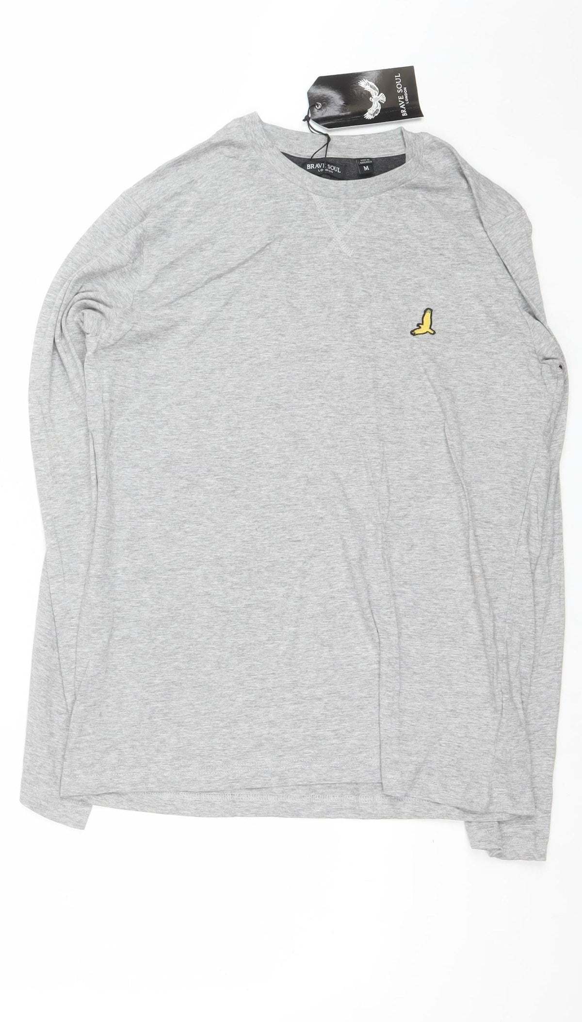 Brave Soul Men's Grey M Long Sleeve Crew Neck Bird Logo T-Shirt