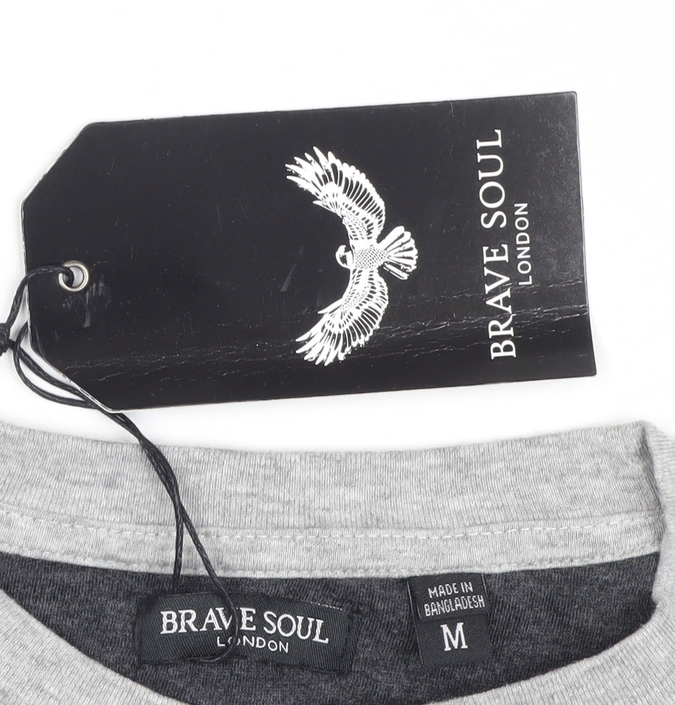 Brave Soul Men's Grey M Long Sleeve Crew Neck Bird Logo T-Shirt