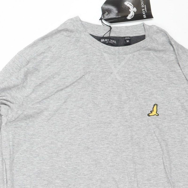 Brave Soul Men's Grey M Long Sleeve Crew Neck Bird Logo T-Shirt