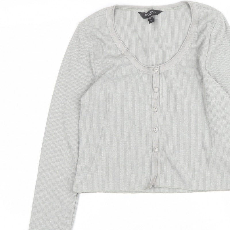 Brave Soul Women Grey M Ribbed Button Cardigan Long Sleeve
