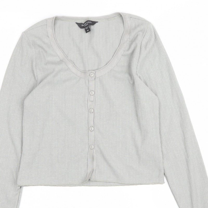 Brave Soul Women Grey M Ribbed Button Cardigan Long Sleeve
