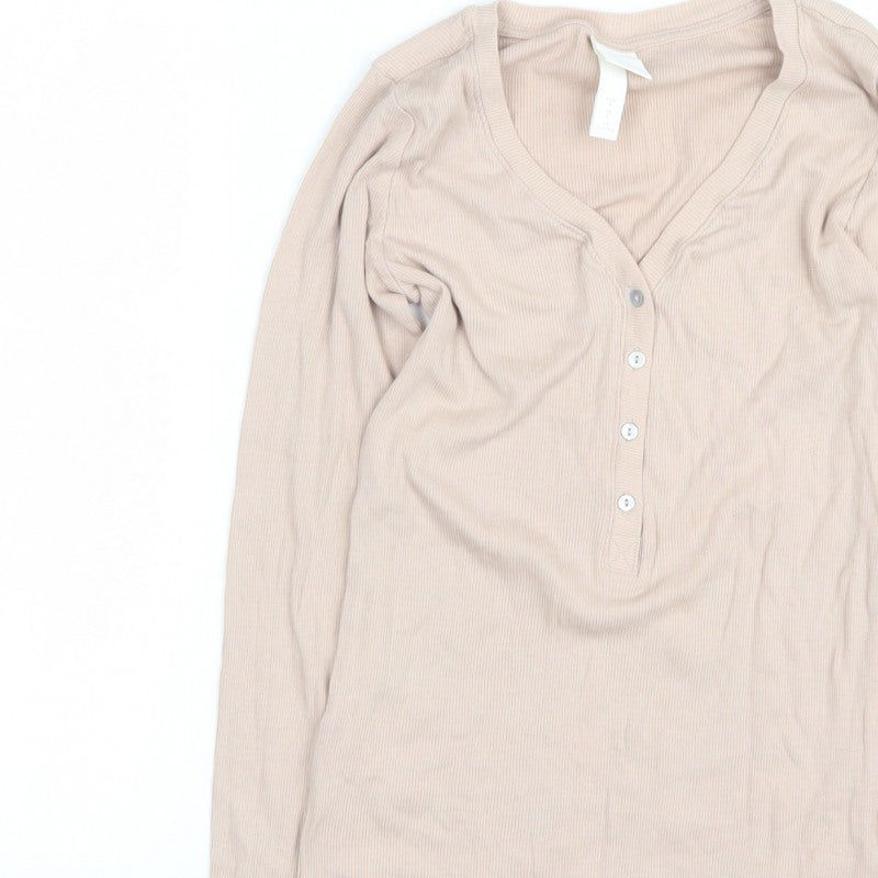 H&M Women Beige S Ribbed Long Sleeve Henley T-Shirt