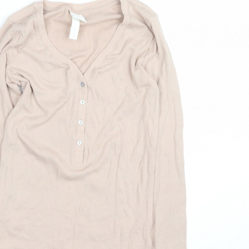 H&M Women Beige S Ribbed Long Sleeve Henley T-Shirt