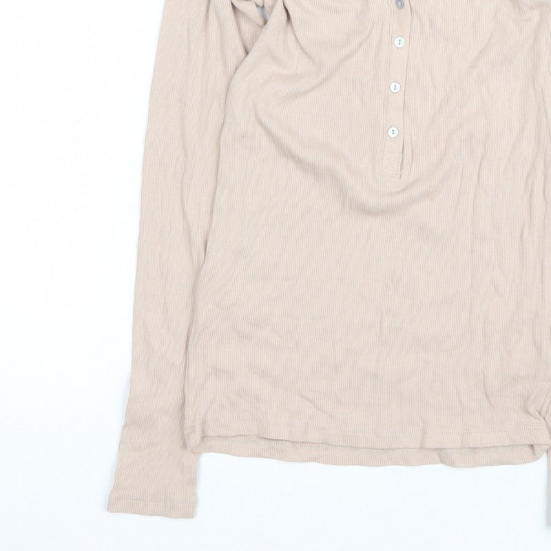 H&M Women Beige S Ribbed Long Sleeve Henley T-Shirt