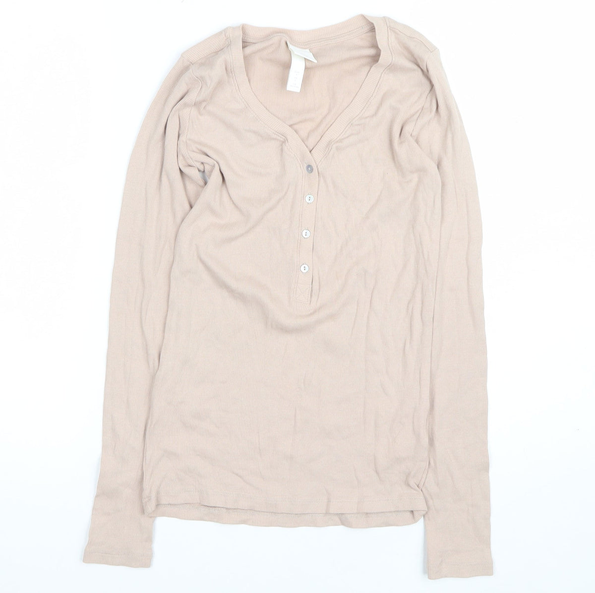 H&M Women Beige S Ribbed Long Sleeve Henley T-Shirt