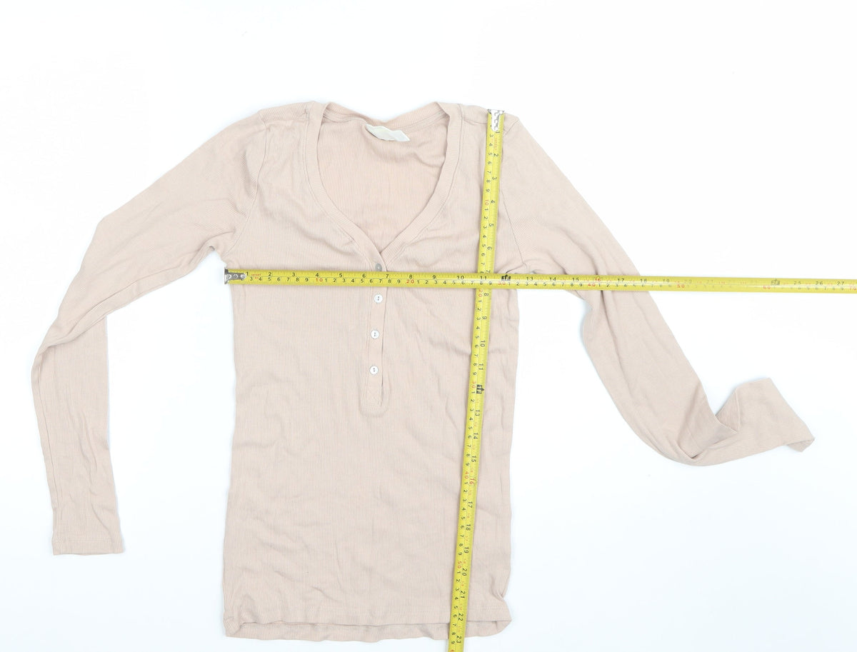 H&M Women Beige S Ribbed Long Sleeve Henley T-Shirt