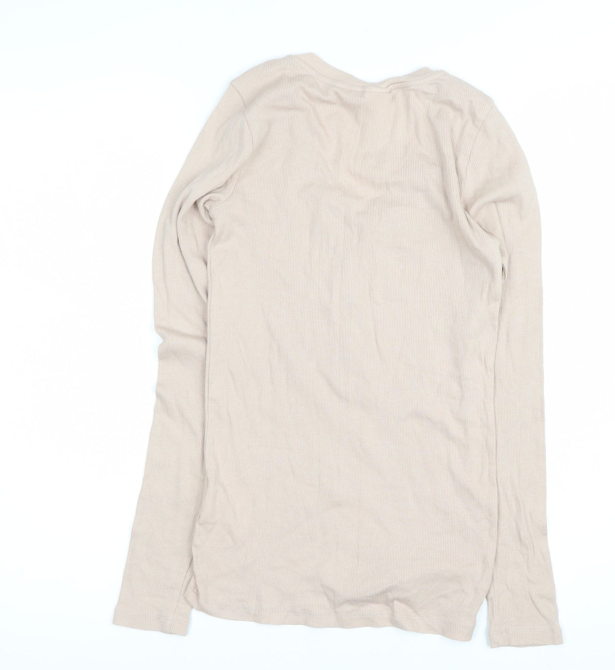 H&M Women Beige S Ribbed Long Sleeve Henley T-Shirt