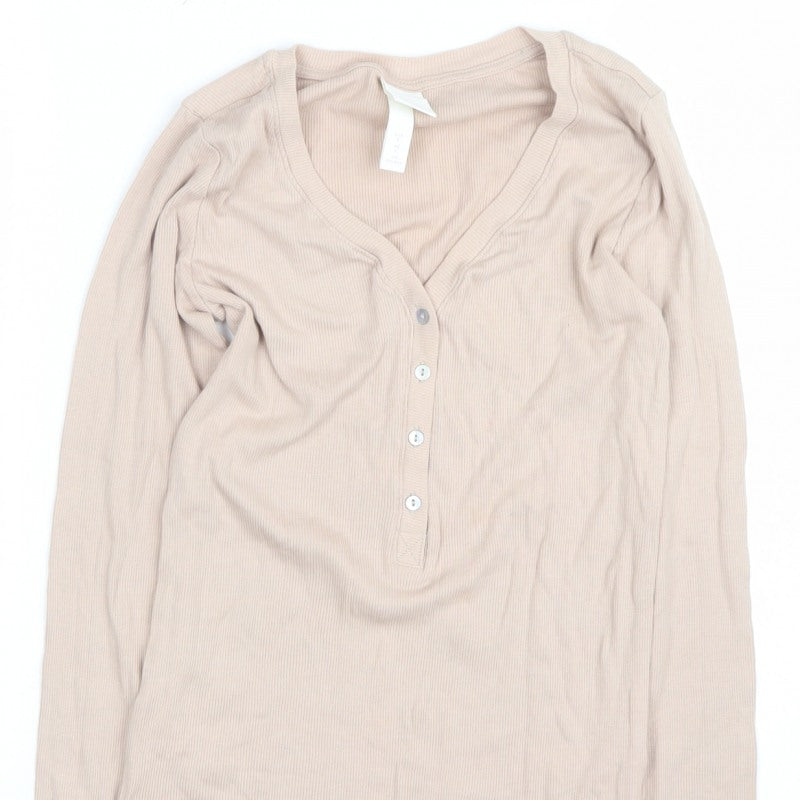 H&M Women Beige S Ribbed Long Sleeve Henley T-Shirt