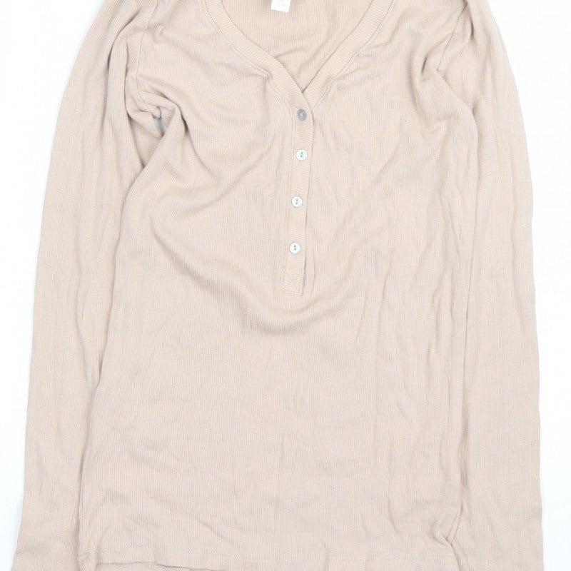 H&M Women Beige S Ribbed Long Sleeve Henley T-Shirt