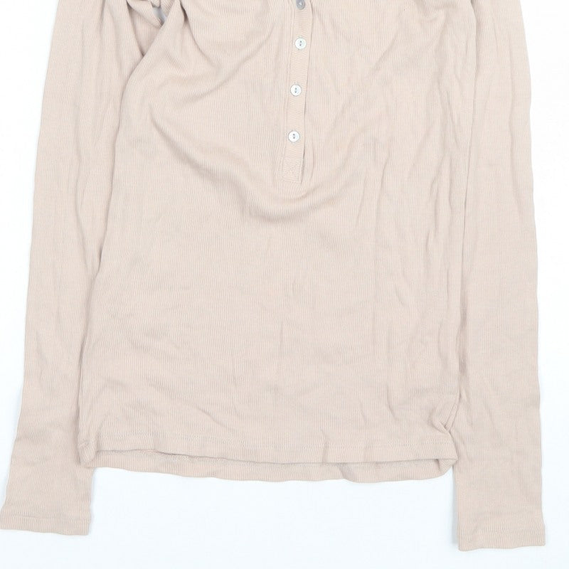 H&M Women Beige S Ribbed Long Sleeve Henley T-Shirt