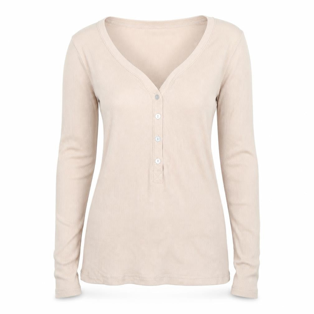 H&M Women Beige S Ribbed Long Sleeve Henley T-Shirt