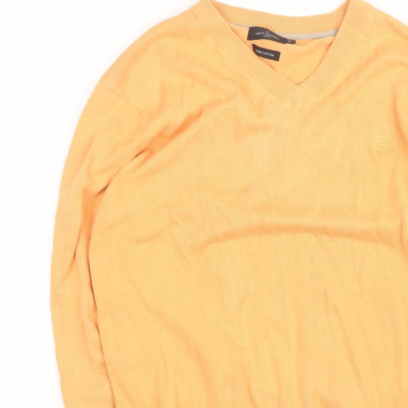 Jeff Banks Men Orange XL V-Neck Pure Cotton Logo Jumper Pullover