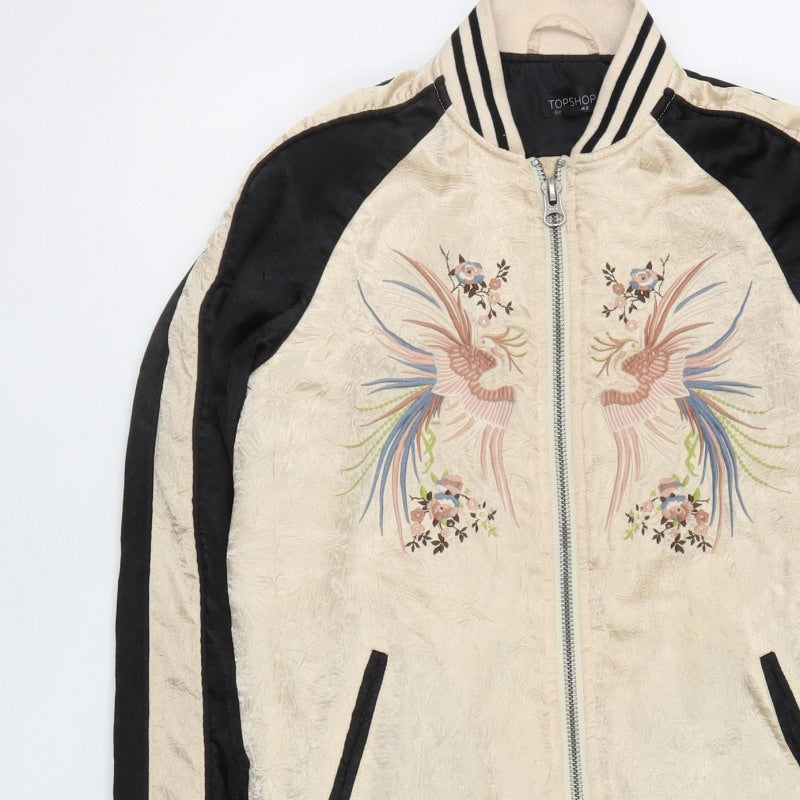 Topshop Women’s Beige & Black Crane Floral Bomber Jacket UK 8