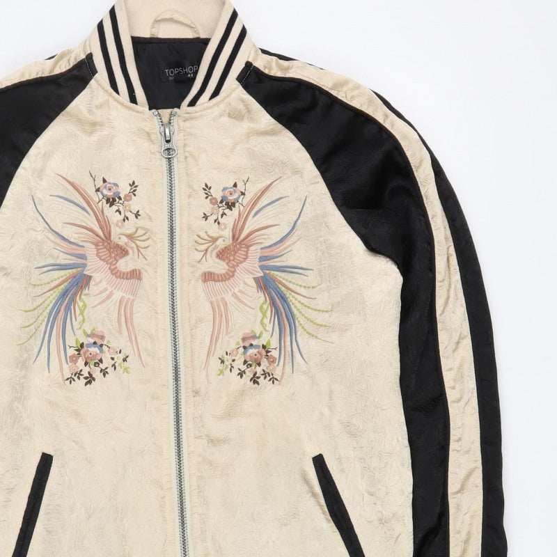 Topshop Women’s Beige & Black Crane Floral Bomber Jacket UK 8
