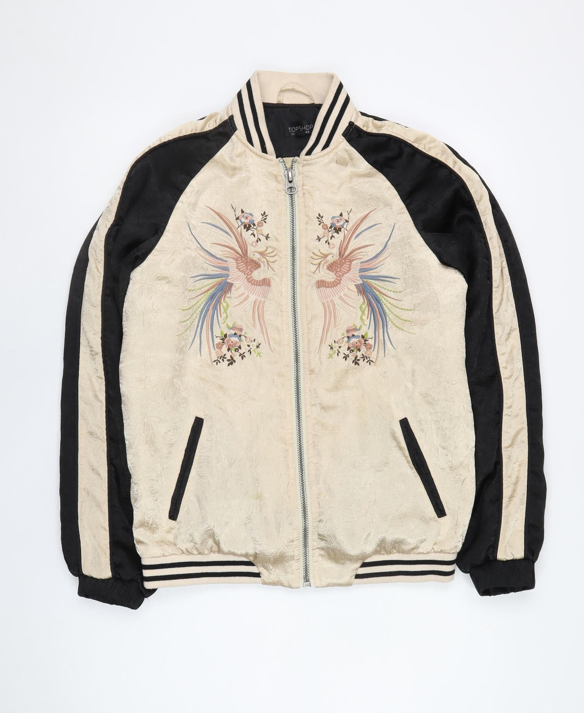 Topshop Women’s Beige & Black Crane Floral Bomber Jacket UK 8