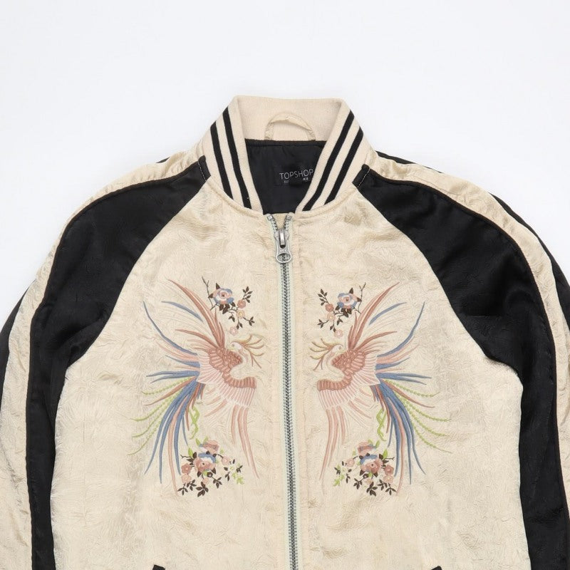 Topshop Women’s Beige & Black Crane Floral Bomber Jacket UK 8