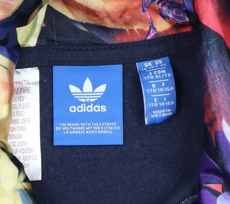 Adidas Girls Black 14-15 Years Floral Stripe Pullover Hoodie