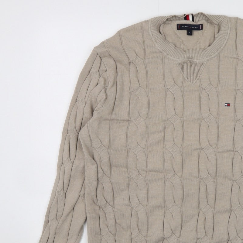 Tommy Hilfiger Men’s Beige M Cable Knit Cotton Crew Neck Jumper