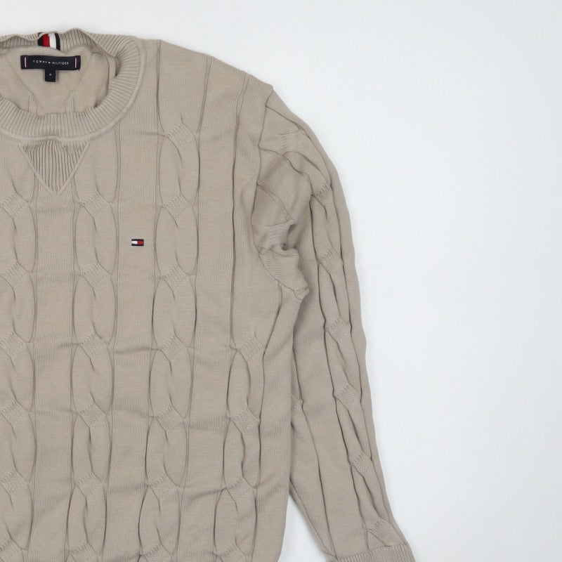 Tommy Hilfiger Men’s Beige M Cable Knit Cotton Crew Neck Jumper