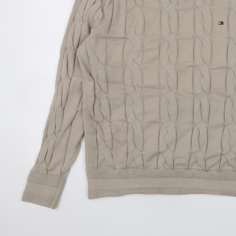 Tommy Hilfiger Men’s Beige M Cable Knit Cotton Crew Neck Jumper