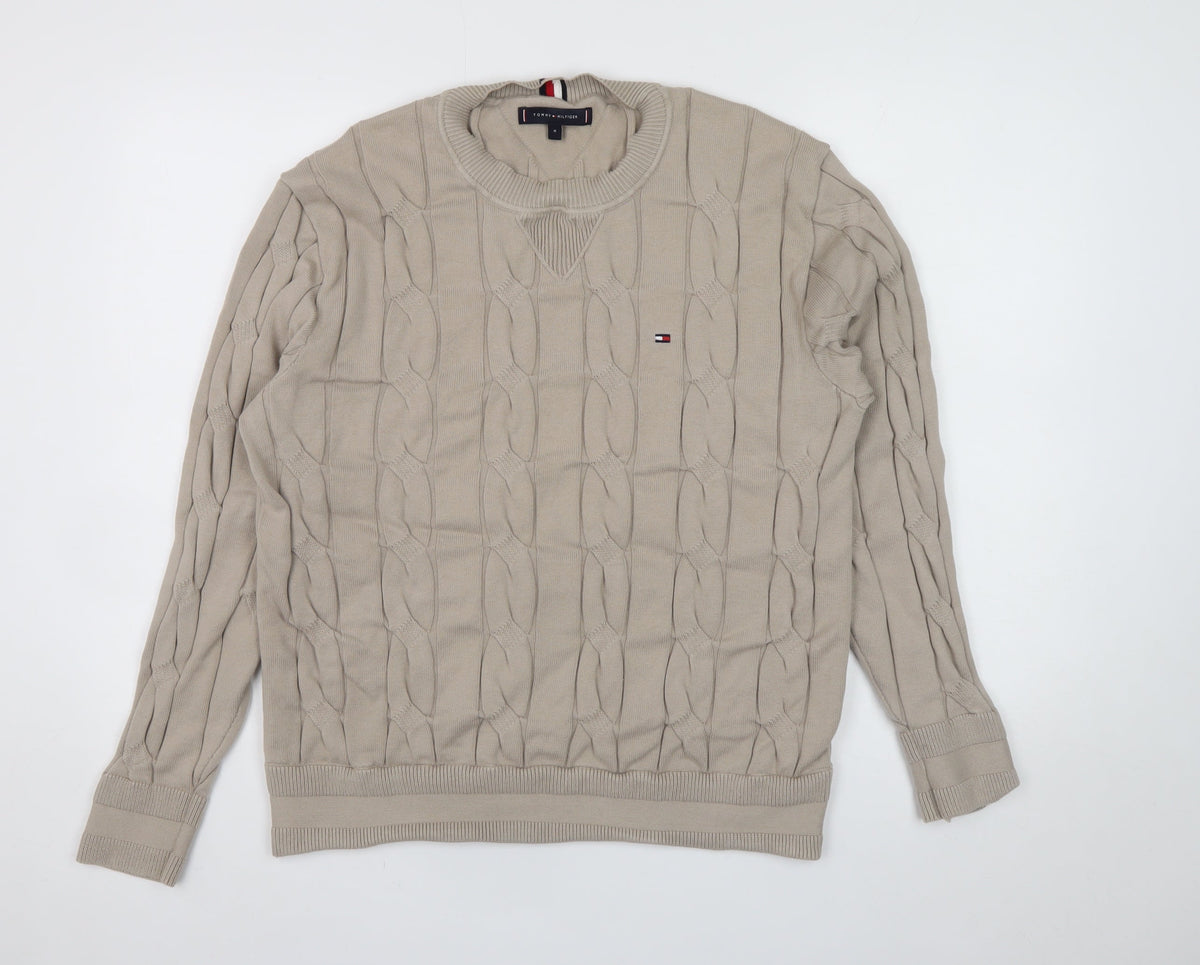 Tommy Hilfiger Men’s Beige M Cable Knit Cotton Crew Neck Jumper