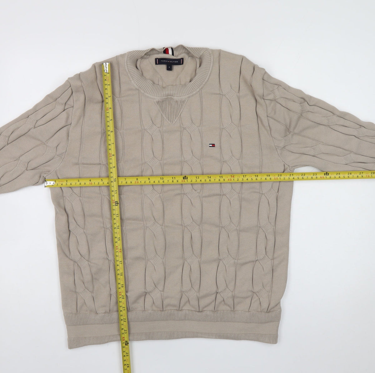 Tommy Hilfiger Men’s Beige M Cable Knit Cotton Crew Neck Jumper