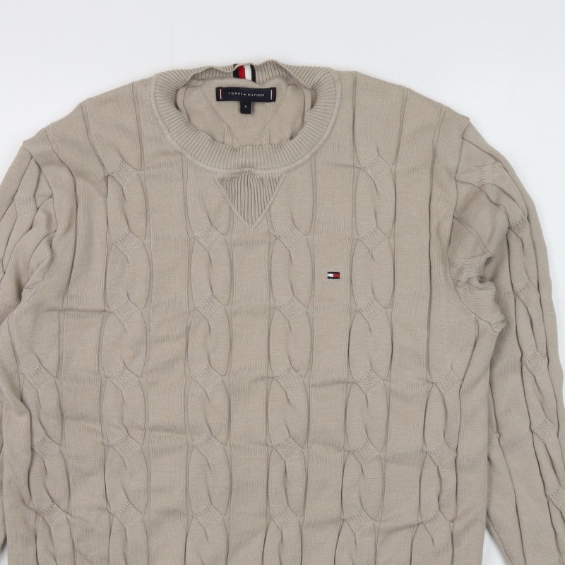 Tommy Hilfiger Men’s Beige M Cable Knit Cotton Crew Neck Jumper