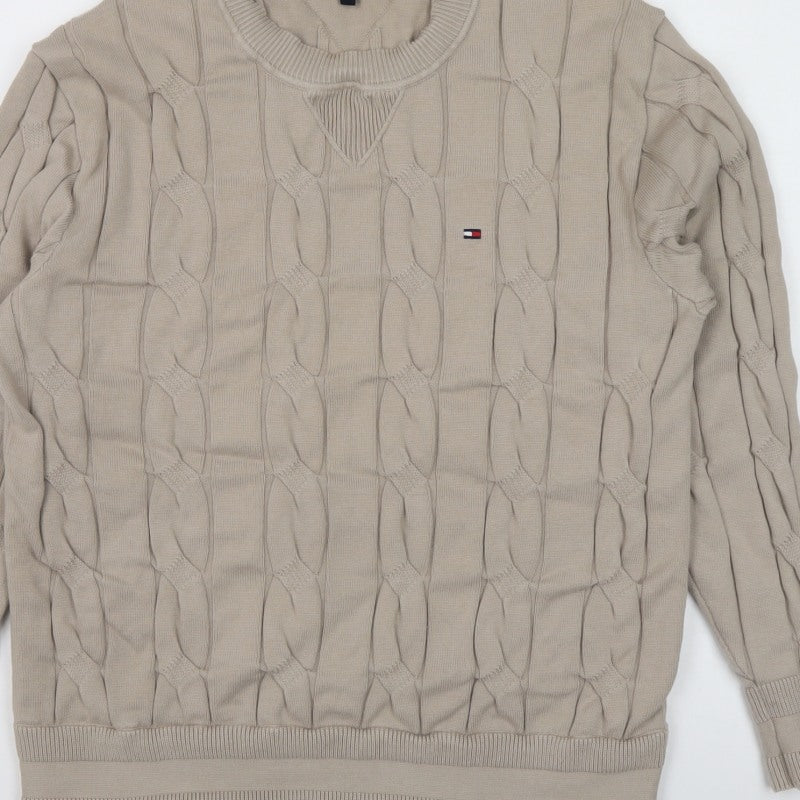 Tommy Hilfiger Men’s Beige M Cable Knit Cotton Crew Neck Jumper