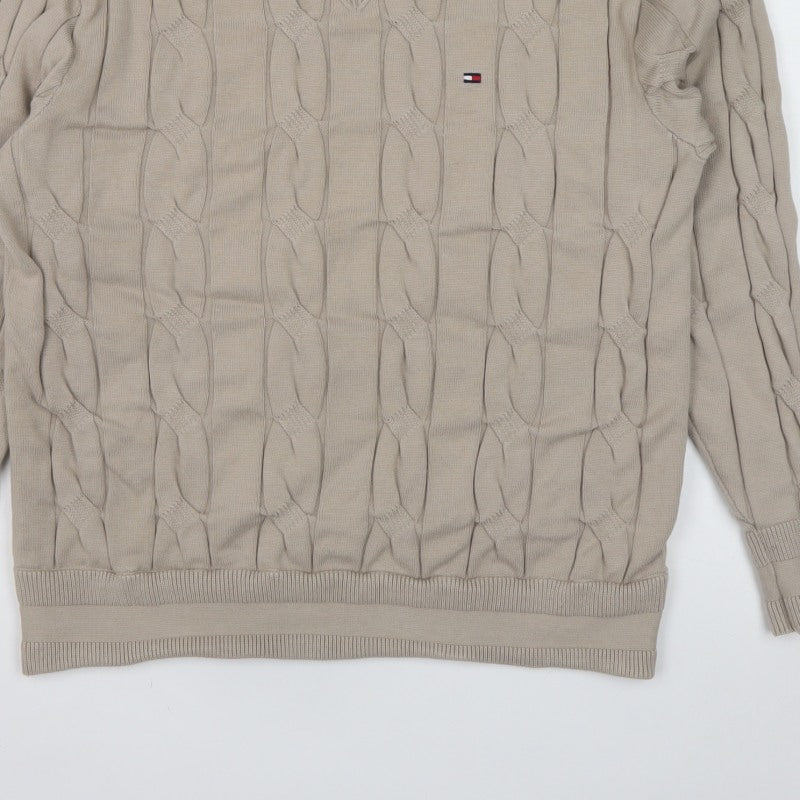 Tommy Hilfiger Men’s Beige M Cable Knit Cotton Crew Neck Jumper