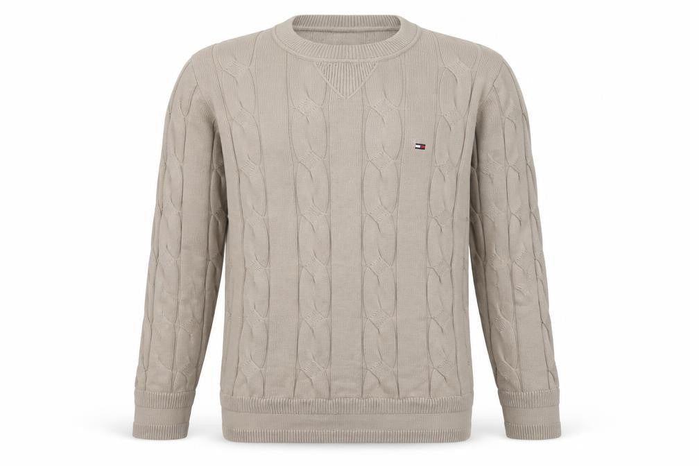 Tommy Hilfiger Men’s Beige M Cable Knit Cotton Crew Neck Jumper
