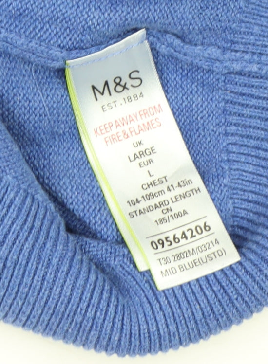 Marks and Spencer Men Blue L Pure Cotton V-Neck Pullover Jumper
